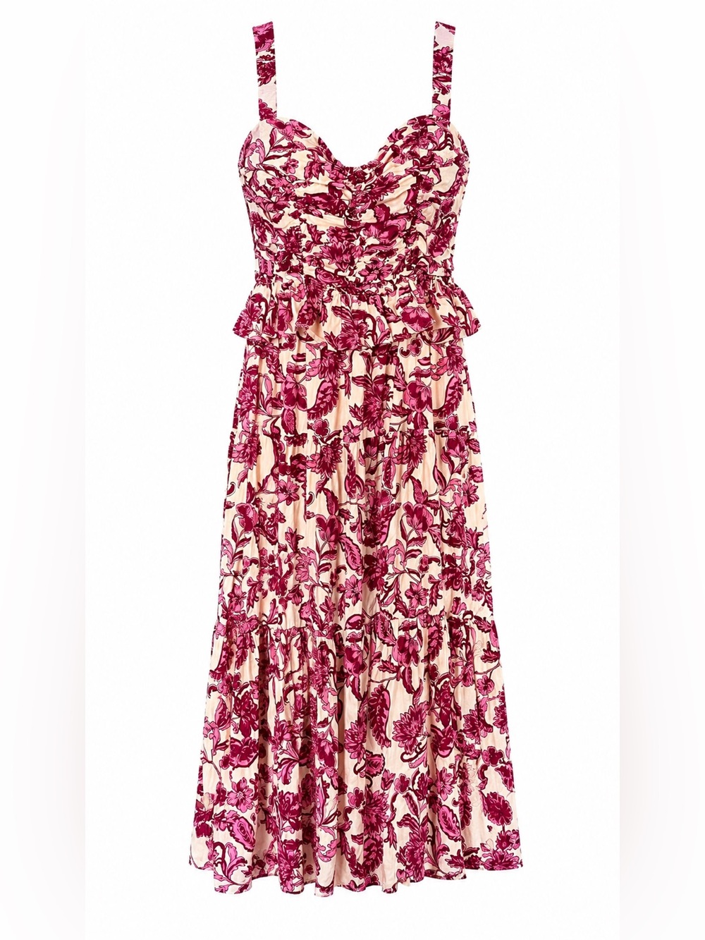 LÉA Pink Floral Cottagecore Midi Dress | Ruched Bust Peplum Sundress Medium